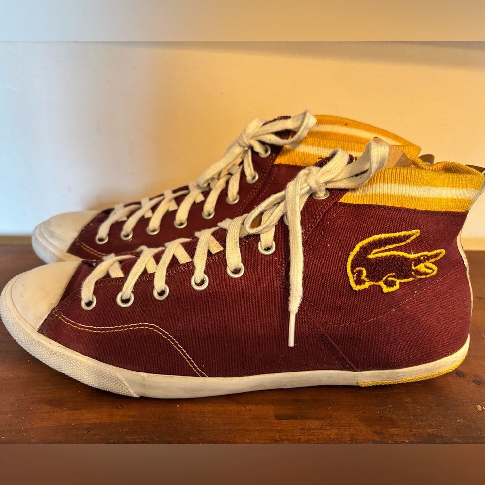 Lacoste Men’s Burgundy and Yellow High-Top Sneakers size: 11.5